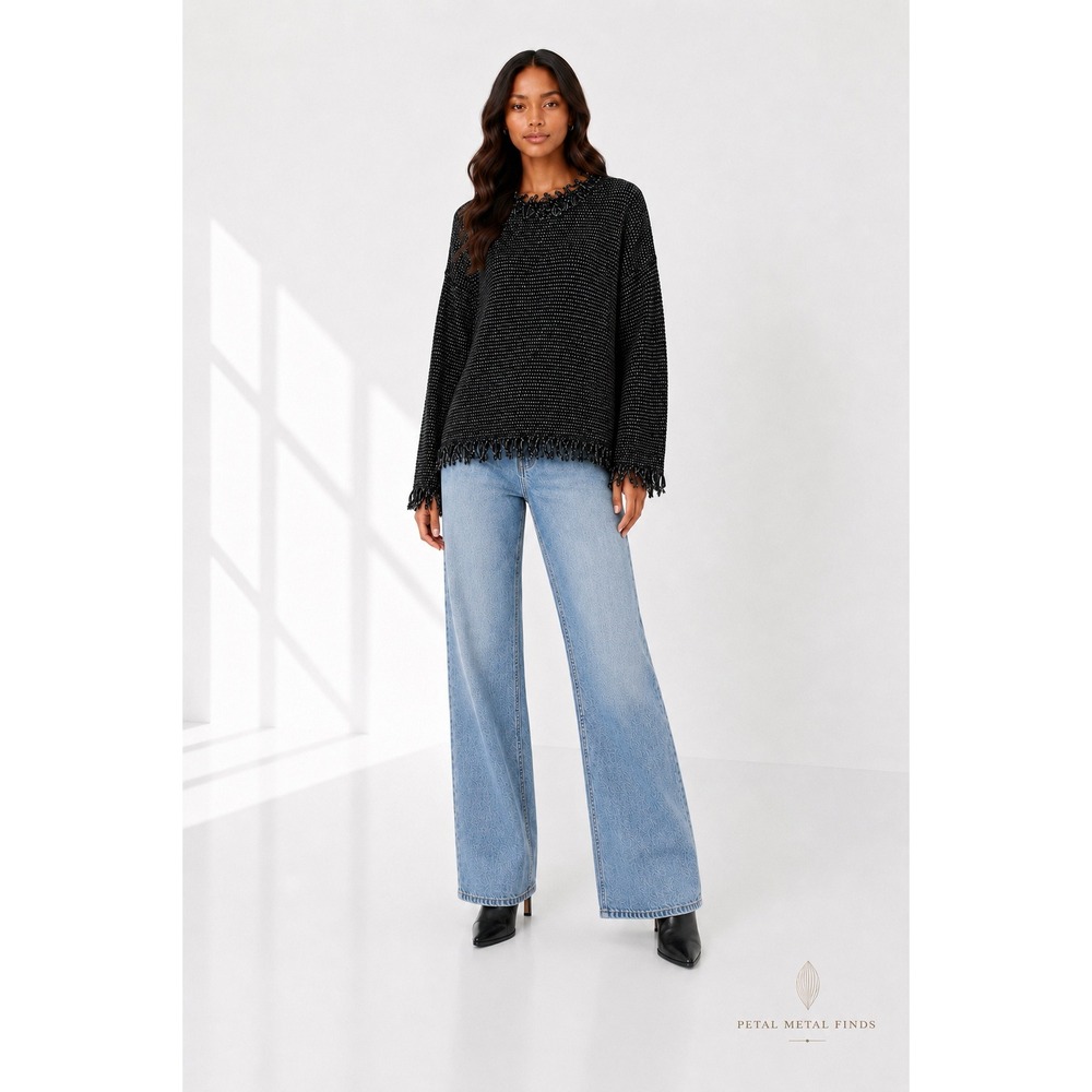 Isabel Marant Douglas Fringe Distressed Cropped Knit Sweater Black Grey FR 36 XS